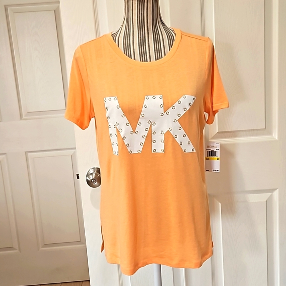 Michael Kors Women Melon color Embellished Logo on the front Tee Shirt Size M